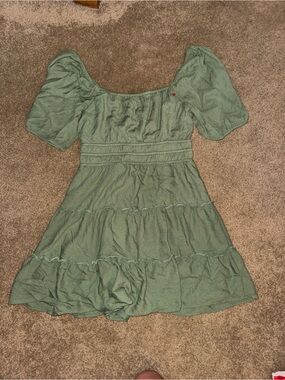 Smocked Waist Puff-Sleeve Mini Dress in Sage Green